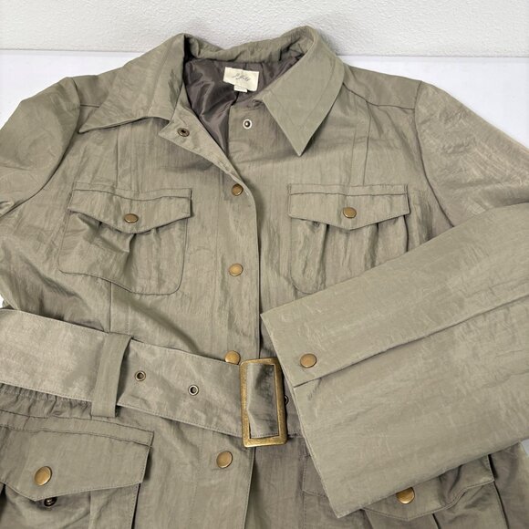 J Jill Cargo Utility Jacket Petite L LP Green Nylon Snap Safari Trench Belt Coat - Picture 8 of 11